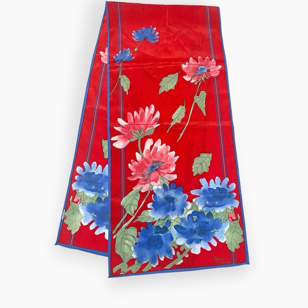 Vintage Vera Neumann Silk Scarf Floral Red Blue Rectangle Oblong 46"x10"